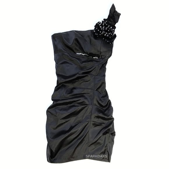 One shoulder satin black formal mini dress ruffle - Picture 1 of 8